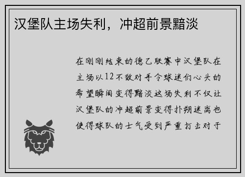 汉堡队主场失利，冲超前景黯淡